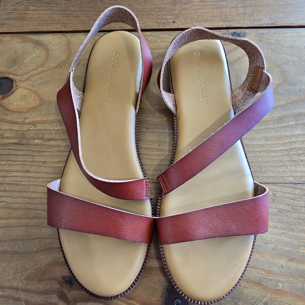 Cynthia Rowley Sandals Womens 10 Brown Leather Strappy Slingback Flat Shoes